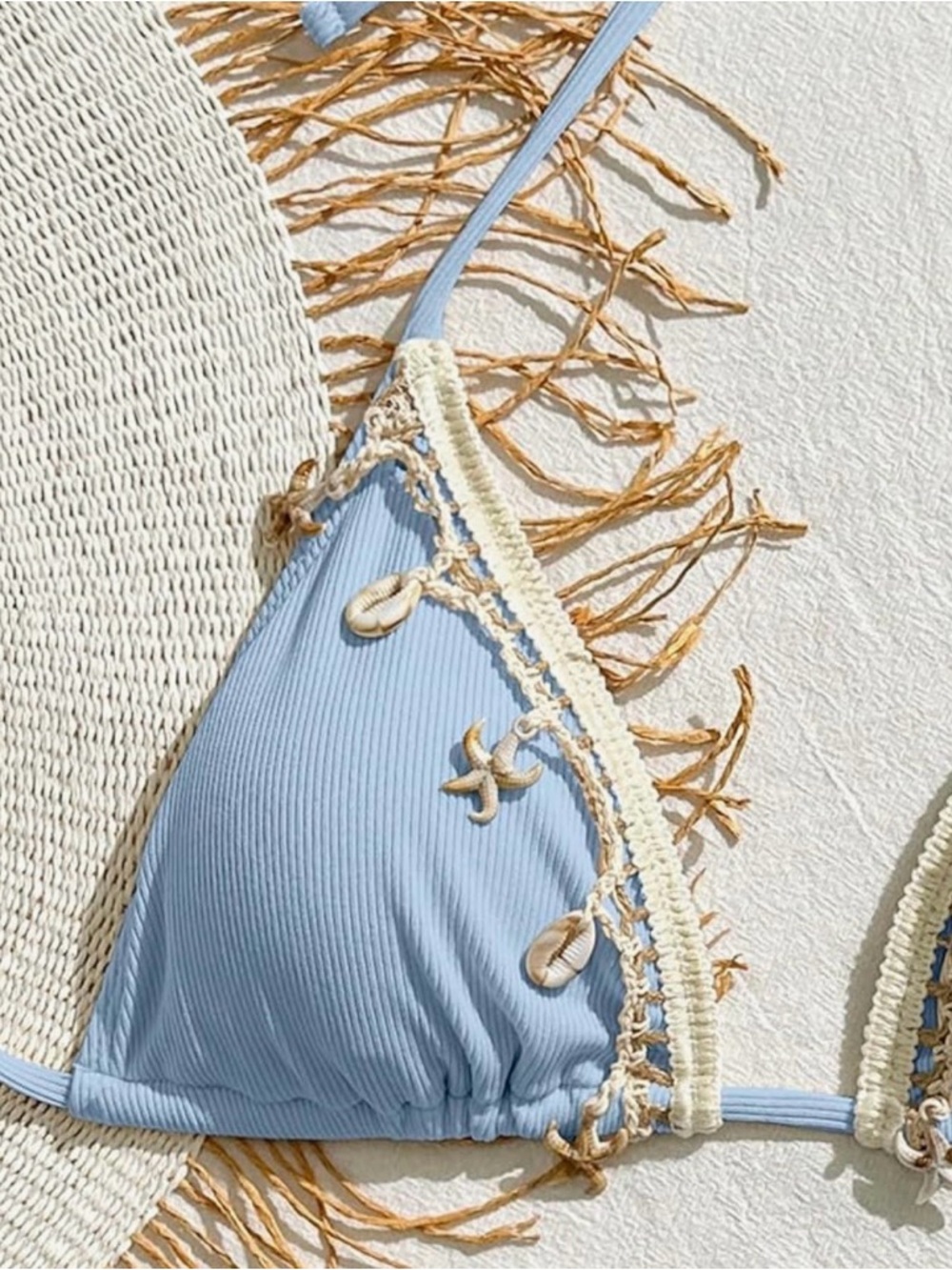 Light Blue Ribbed Crochet Trim Halter Shell Accents Side Tie Bikini Set - Picture 9 of 14